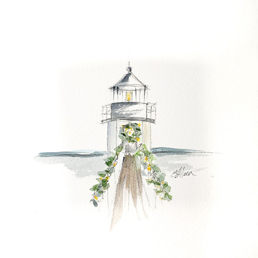 8x8 Maine Original Oil Watercolor Ink Marshall Point Lighthouse Nautical Signed